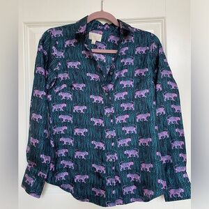 J. Crew 100% Silk Purple Tiger Print Button-Up Shirt